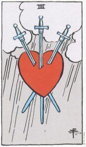 Tres de espadas en el Tarot Rider Waite