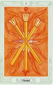 Tres de Bastos en el Tarot de Thoth, también llamado La Virtud, significado y relación con el Sol en Aries