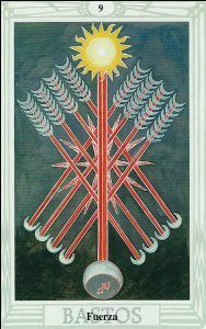 Nueve de bastos en el Tarot de Thoth