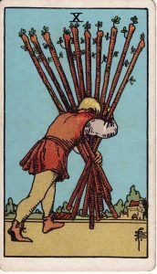 diez de bastos en el tarot rider waite