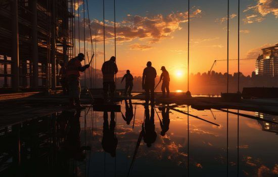 Construction workers concrete pouring at sunset, Generative AI